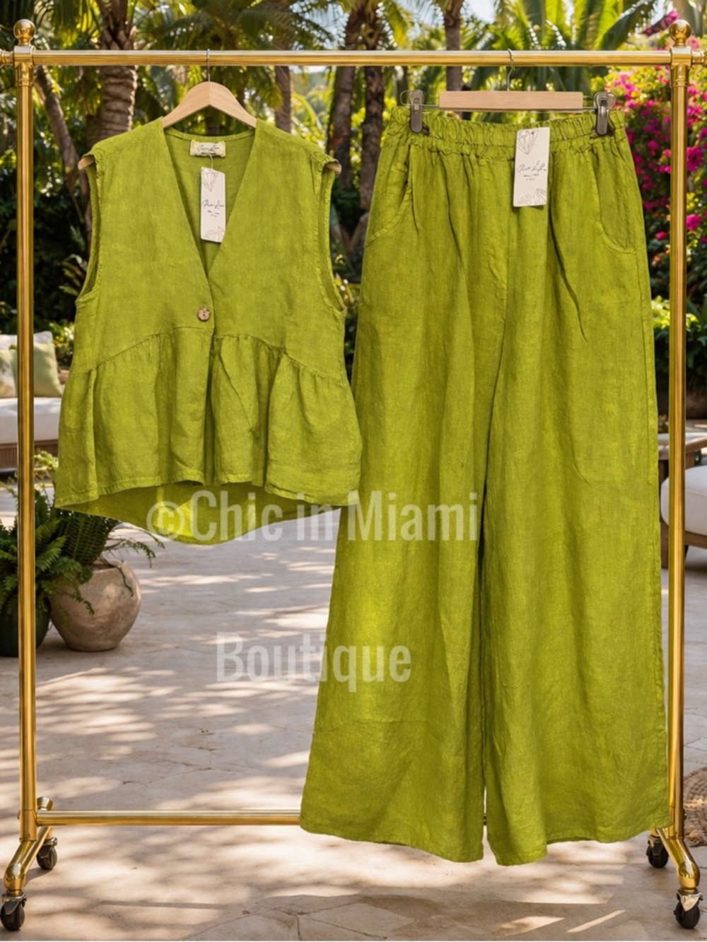 Italian Linen Olive Green 2-Piece Wide-Leg Pants with Matching Vest Top OS